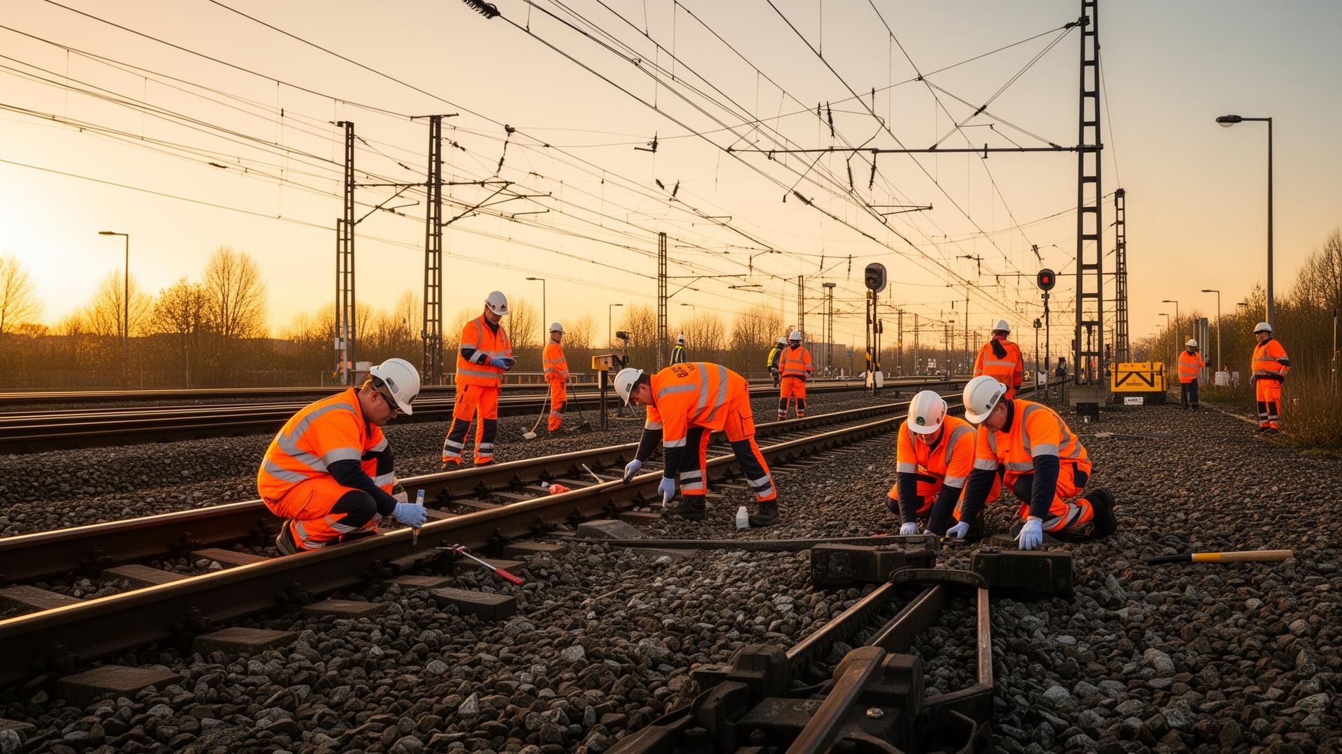 Spoorwerkers in oranje veiligheidskleding aan het spoor